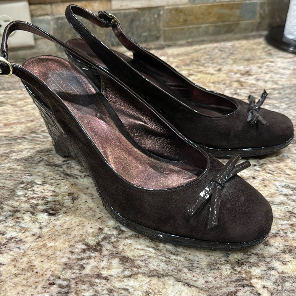 COACH brown suede wedge sling back heels  ✨ Size 9M